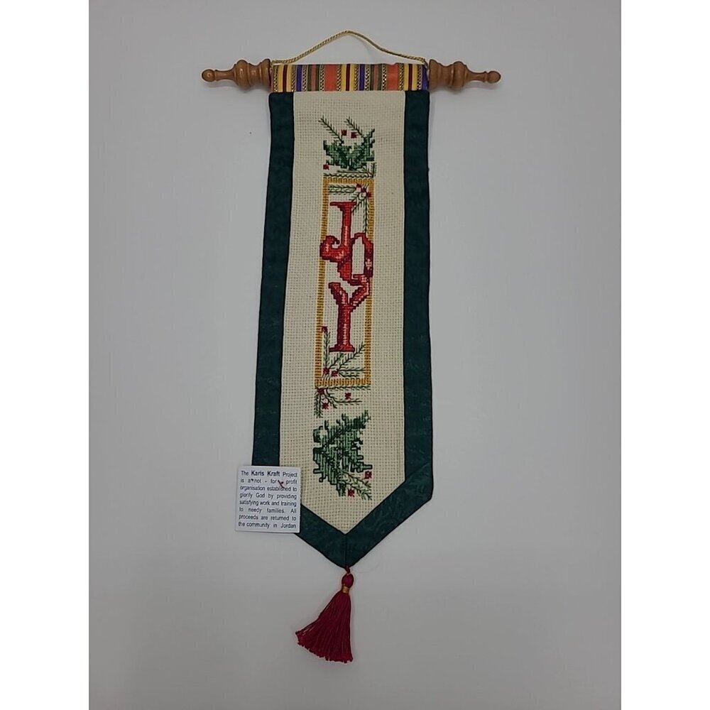 Handmade Cross-stitched Banner Wall Hanging "Joy" on Dowell Rod New with Tags